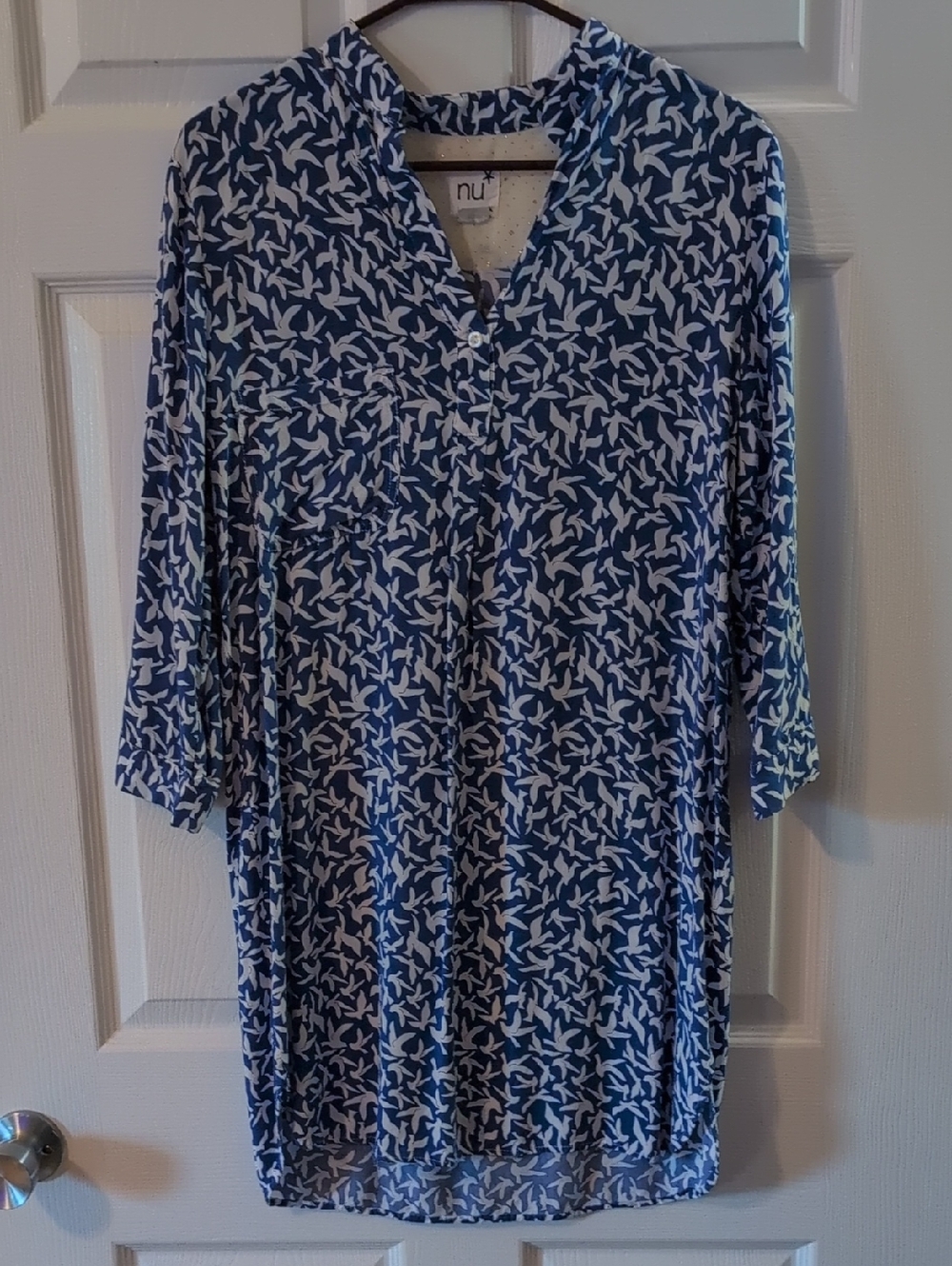 nu Blue & White Bird Print Tunic Top